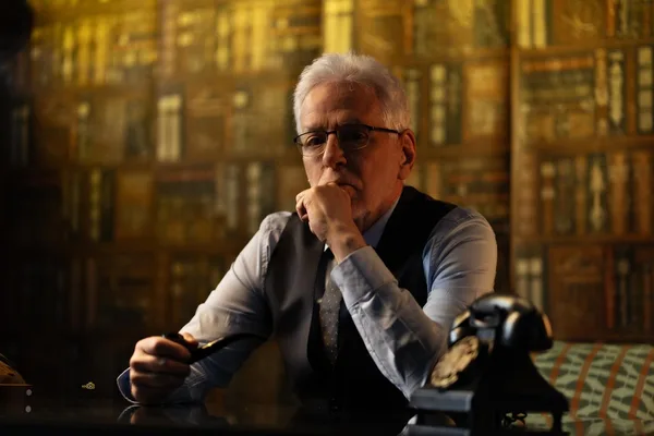 John Amedro in a cinematic study scene holding a pipe